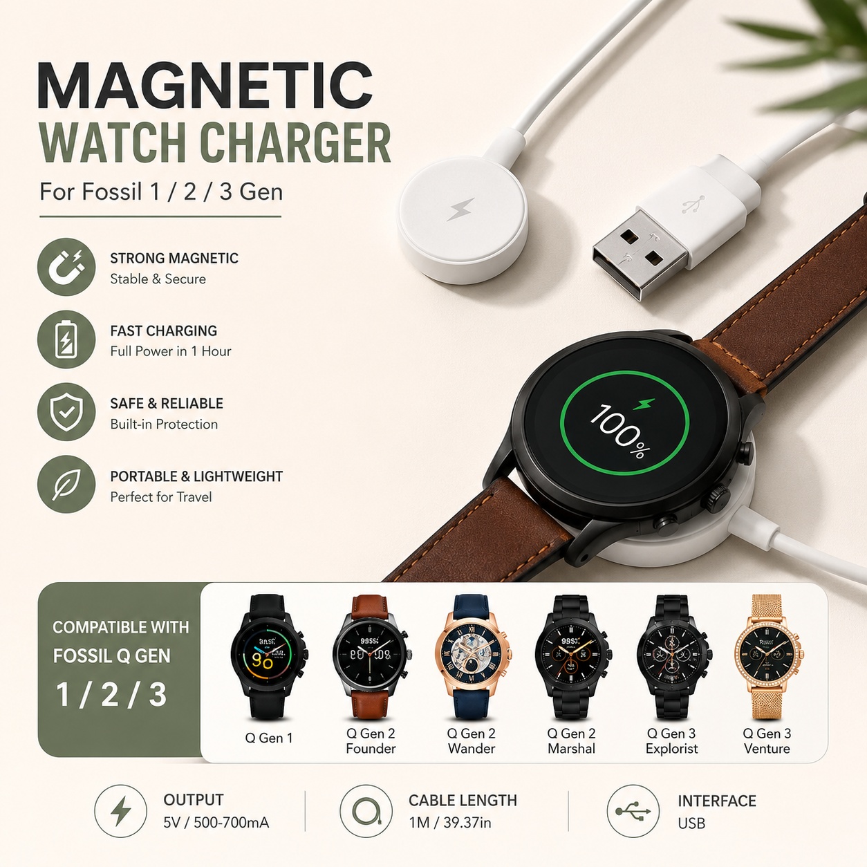 Fossil Watches Smartwatch Gen 3 - شاحن ساعة USB، محول شحن للساعات
